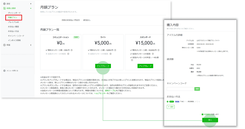 LINE公式アカウントのプラン変更画面